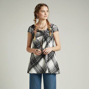 Hidesan Blouse 100% Silk Babydoll Black & White Top Short Sleeve Women sz Medium